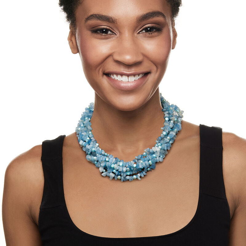 5-6mm Blue Cultured Pearl and 850.00 ct. t.w. Aquamarine Bead Torsade Necklace with Sterling Silver. 18&quot; image number 0