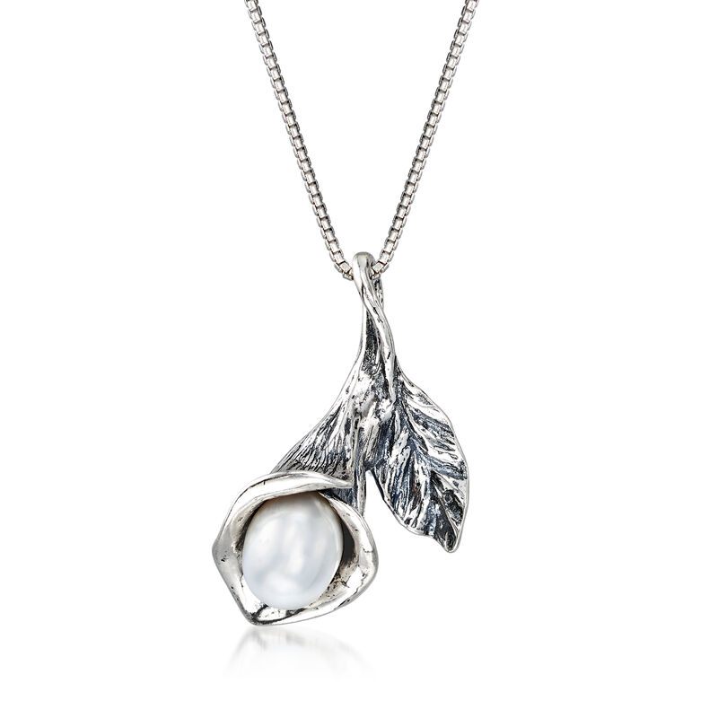 8x6mm Cultured Pearl Calla Lily Pendant Necklace in Sterling Silver image number 0