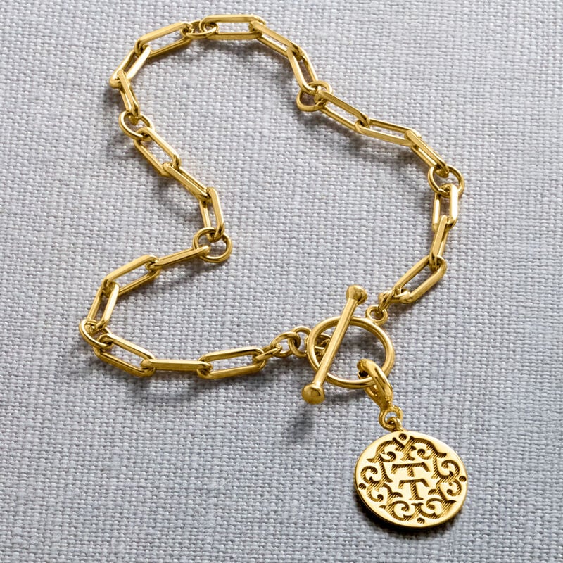 18kt Gold Over Sterling Paper Clip Link Toggle Bracelet with Removable "T and T Twin Talk" Logo Charm image number 2