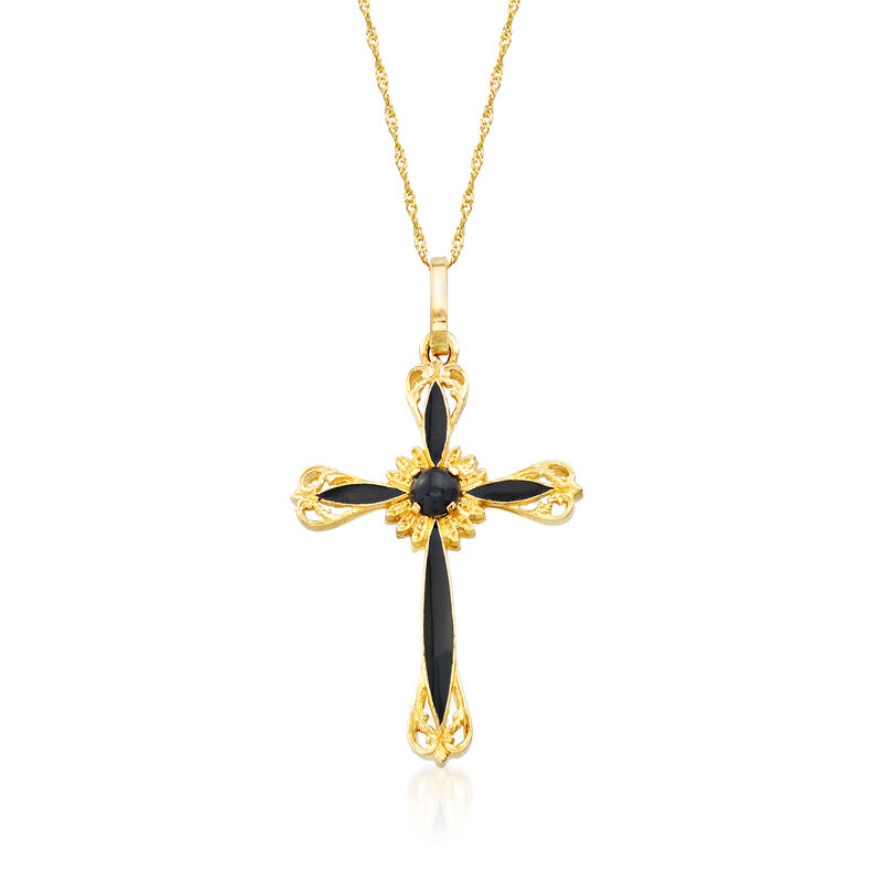 Italian Black Onyx and Black Enamel Cross Pendant Necklace in 14kt Yellow Gold image number 0