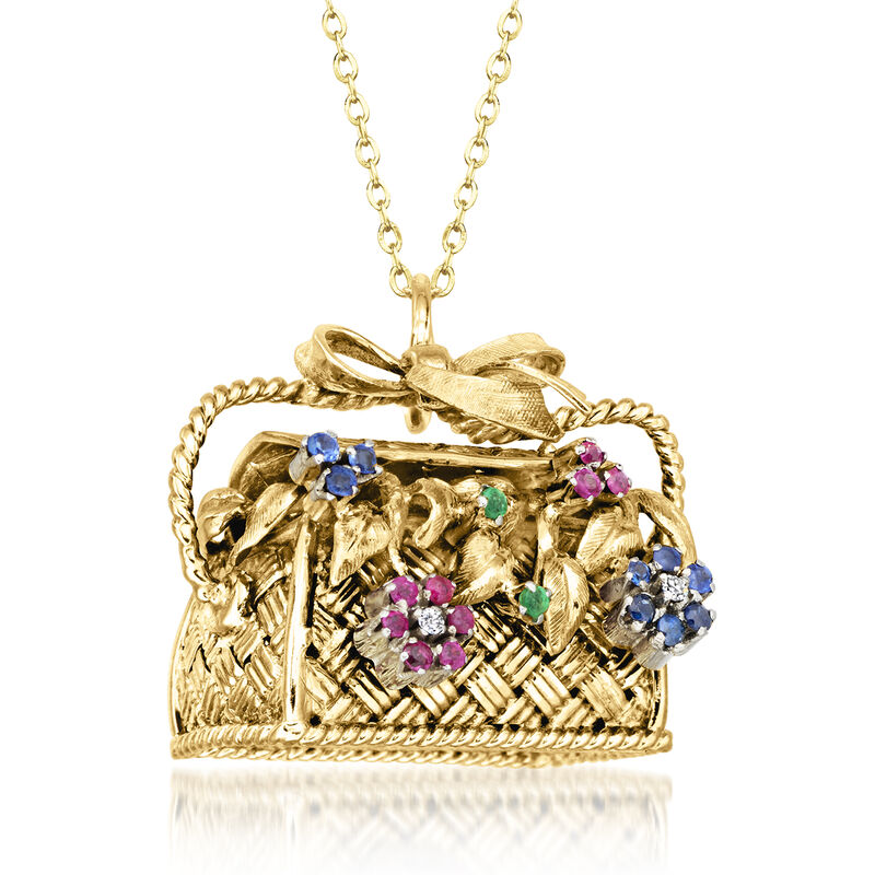 C. 1980 Vintage .48 ct. t.w. Multi-Gemstone Flower Basket Pendant Necklace with Diamonds in 18kt Yellow Gold. 18&quot; image number 2