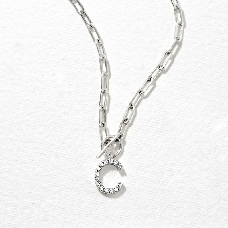 Diamond Initial Paper Clip Link Toggle Necklace in Sterling Silver image number 3