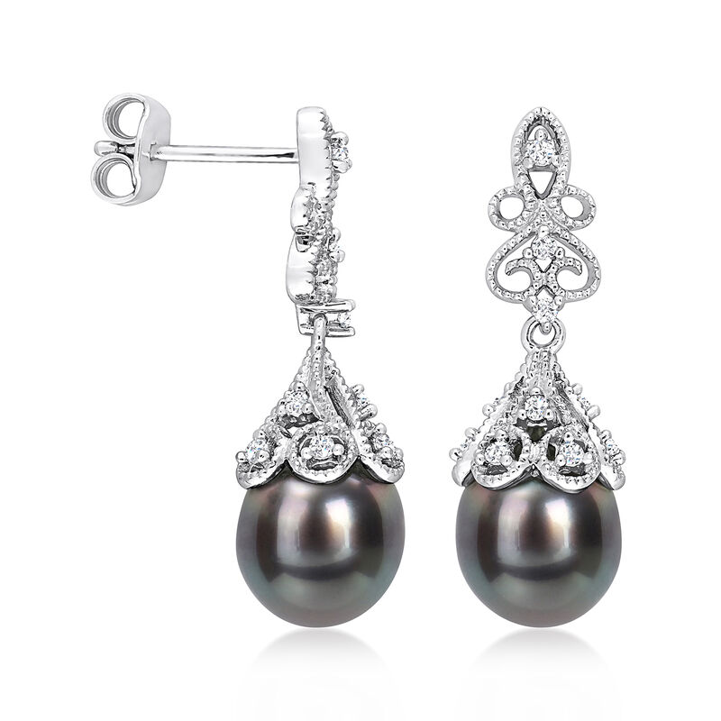 8-8.5mm Black Cultured Tahitian Pearl and .20 ct. t.w. White Topaz Drop Earrings in Sterling Silver  image number 1