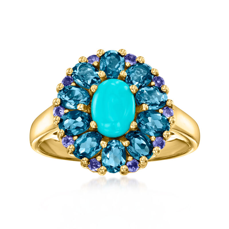 Turquoise, 2.00 ct. t.w. London Blue Topaz and .10 ct. t.w. Iolite Ring in 18kt Gold Over Sterling image number 0