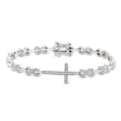 .50 ct. t.w. Diamond Cross and Infinity Symbol Link Bracelet in Sterling Silver