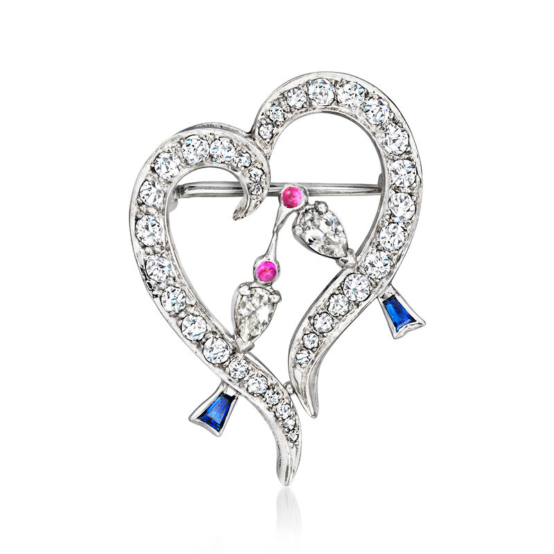 C. 1990 Vintage 1.45 ct. t.w. Diamond, .35 ct. t.w. Ruby and .10 ct. t.w. Sapphire Heart Pin/Pendant in Platinum  image number 0