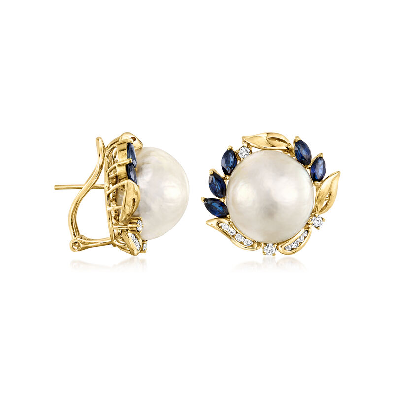 C. 1980 Vintage 15mm Cultured Pearl, 2.00 ct. t.w. Sapphire and .55 ct. t.w. Diamond Earrings in 18kt Yellow Gold image number 2
