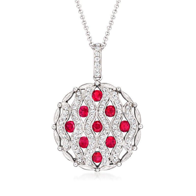 1.00 ct. t.w. Ruby and .44 ct. t.w. Diamond Milgrain Pendant Necklace in 14kt White Gold image number 0