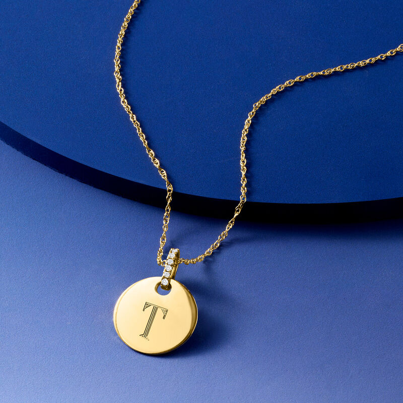 14kt Yellow Gold Personalized Disc Pendant Necklace with Diamonds image number 2