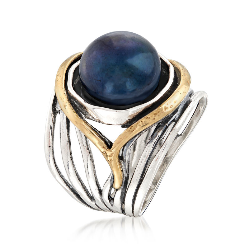 11.5-12mm Black Cultured Pearl Openwork Ring in Sterling Silver and 14kt Yellow Gold image number 2