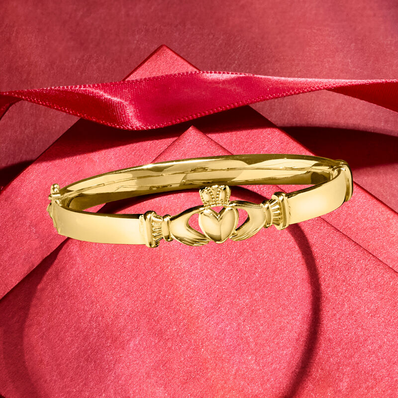 18kt Gold Over Sterling Claddagh Bangle Bracelet. 8&quot; image number 2