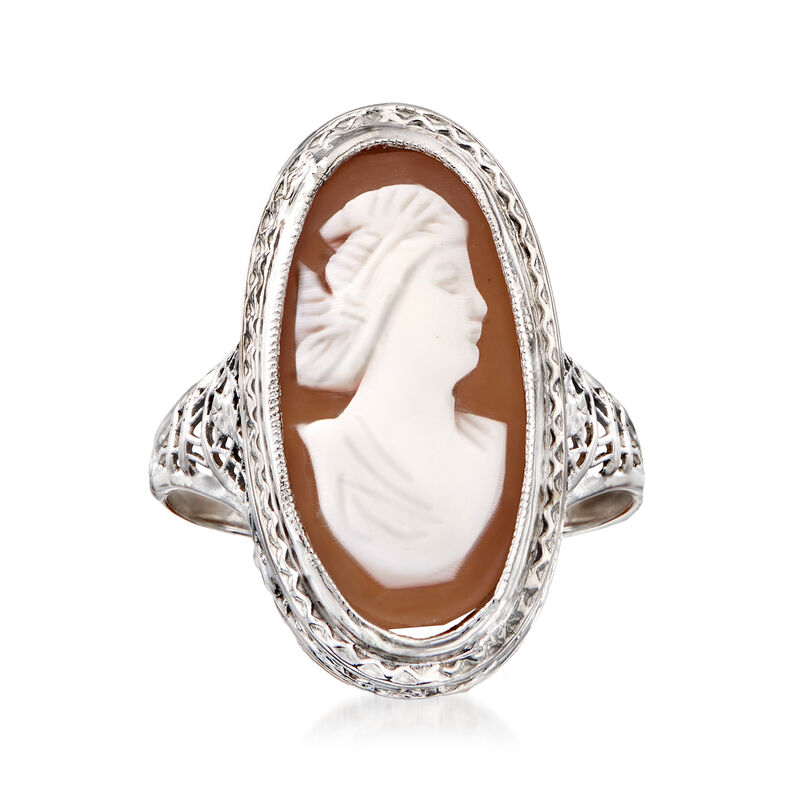 C. 1950 Vintage Pink Shell Cameo Ring in 14kt White Gold image number 0