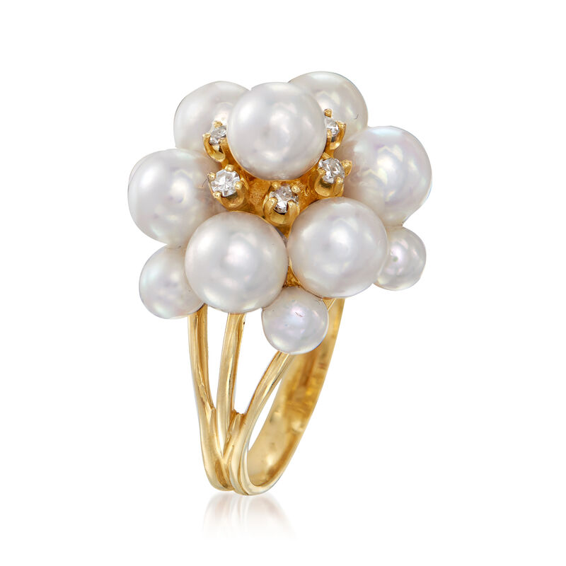 C. 1970 Vintage 4-6mm Cultured Pearl and .12 ct. t.w. Diamond Cluster Ring in 14kt Yellow Gold image number 2