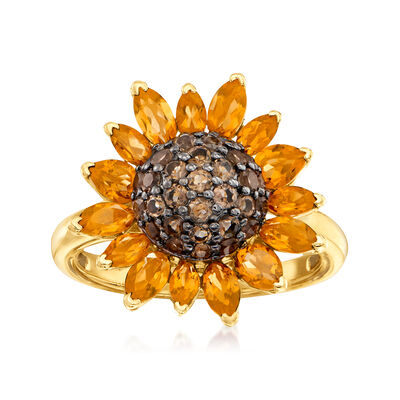 1.70 ct. t.w. Citrine and .80 ct. t.w. Smoky Quartz Sunflower Ring in 18kt Gold Over Sterling