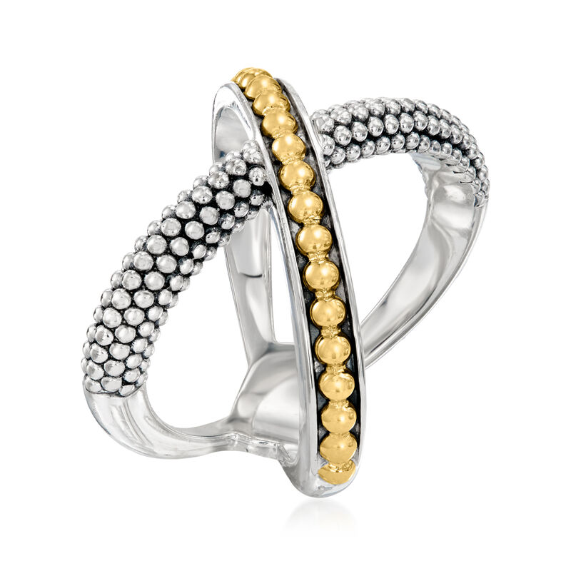C. 1990 Vintage Lagos Sterling Silver and 18kt Yellow Gold Beaded Crisscross Ring. Size 7 image number 2