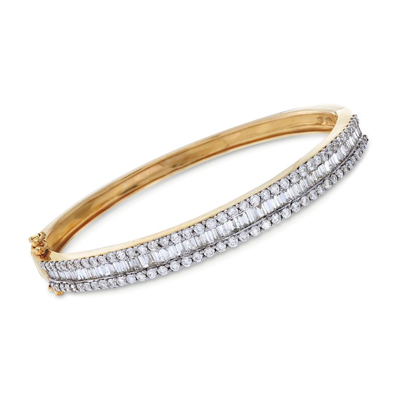 C. 1990 Vintage 3.70 ct. t.w. Baguette and Round Diamond Bangle Bracelet in 14kt Yellow Gold. 6&quot; image number 0