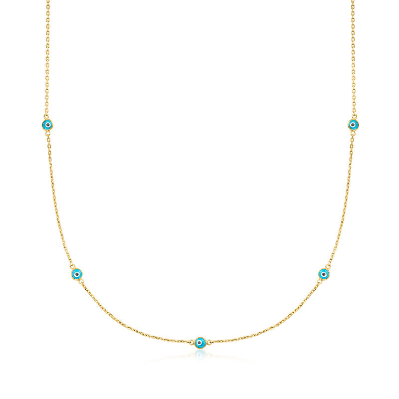 Multicolored Glass Evil Eye Station Necklace in 18kt Gold Over Sterling. 18"