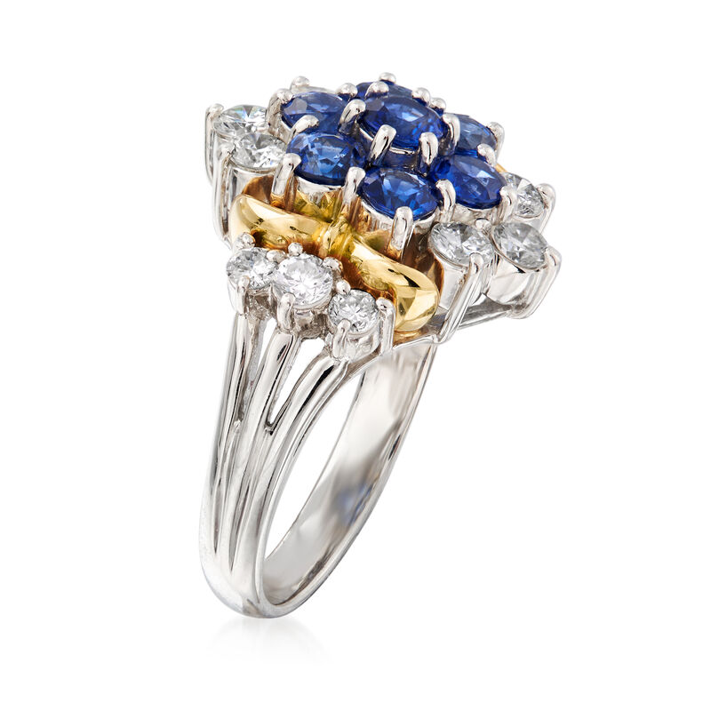 C. 1990 Vintage 1.70 ct. t.w. Sapphire and .88 ct. t.w. Diamond Cluster Ring in Platinum and 18kt Yellow Gold image number 2