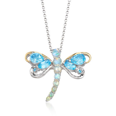 Opal and 2.38 ct. t.w. Swiss Blue and White Topaz Dragonfly Pin/Pendant Necklace in Two-Tone Sterling Silver