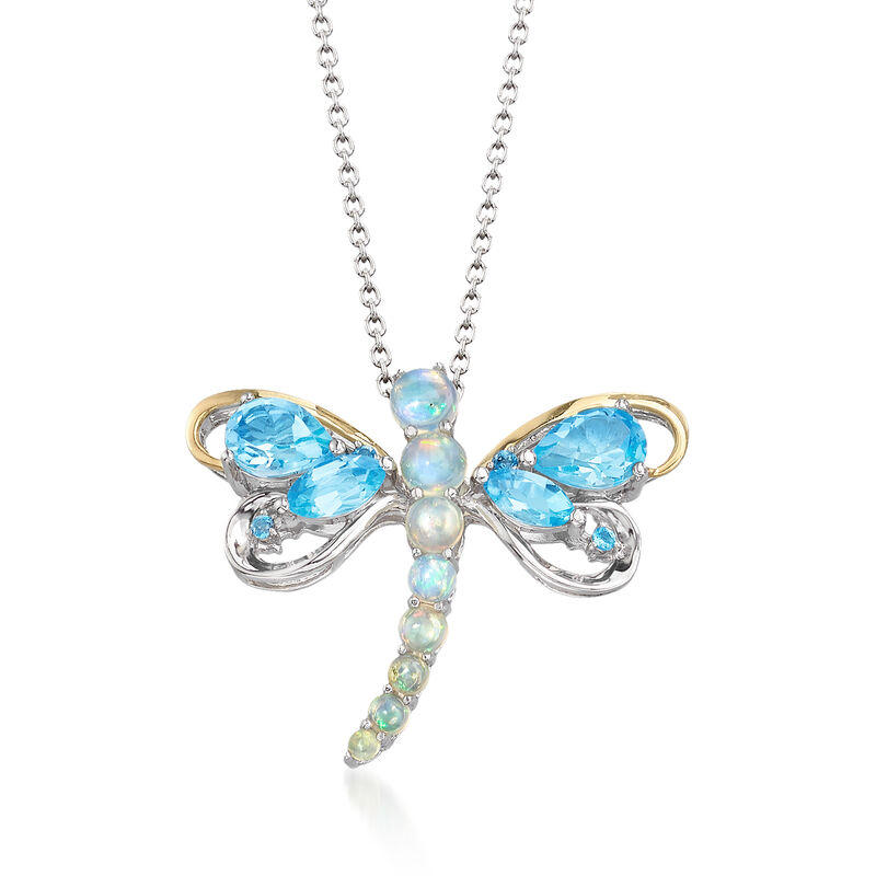 Opal and 2.38 ct. t.w. Swiss Blue and White Topaz Dragonfly Pin/Pendant Necklace in Two-Tone Sterling Silver image number 0