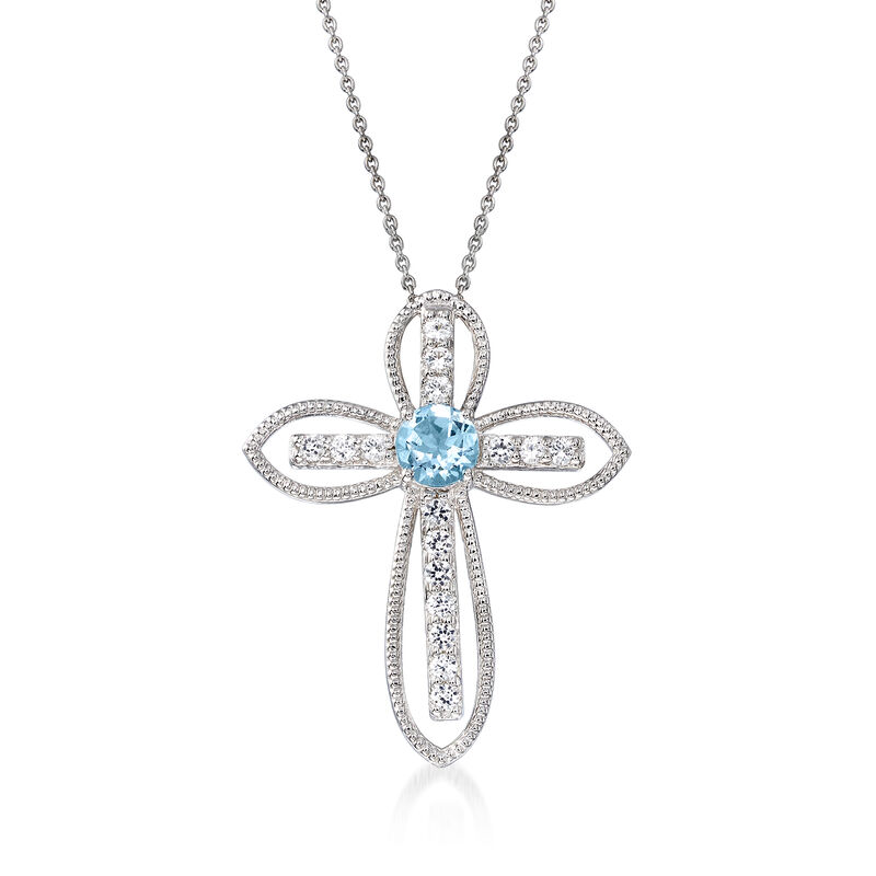 .90 Carat Aquamarine and .30 ct. t.w. White Topaz Cross Pendant Necklace in Sterling Silver image number 0