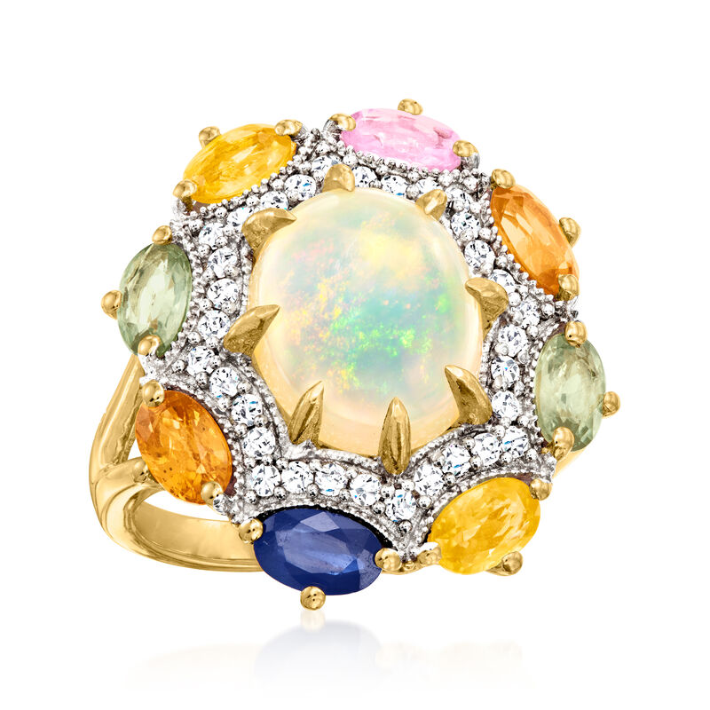 Opal and 2.50 ct. t.w. Multicolored Sapphire Ring with .40 ct. t.w. White Zircon in 18kt Gold Over Sterling image number 3