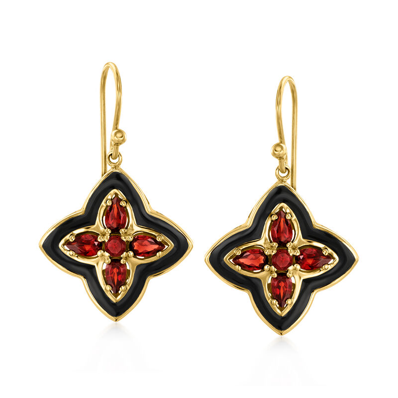 2.30 ct. t.w. Garnet and Black Enamel Clover Drop Earrings in 18kt Gold Over Sterling  image number 0