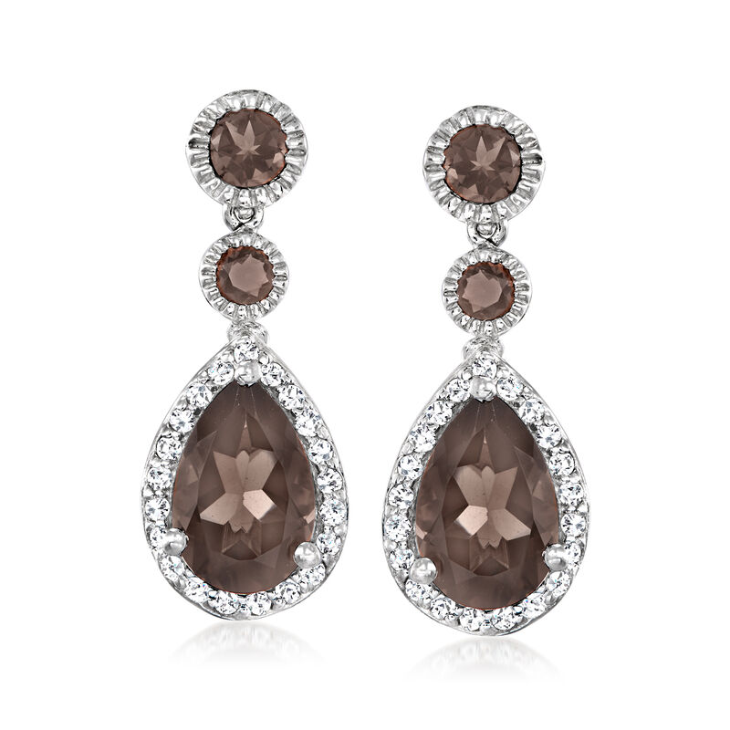 6.16 ct. t.w. Smoky Quartz and .79 ct. t.w. White Topaz Drop Earrings in Sterling Silver  image number 0
