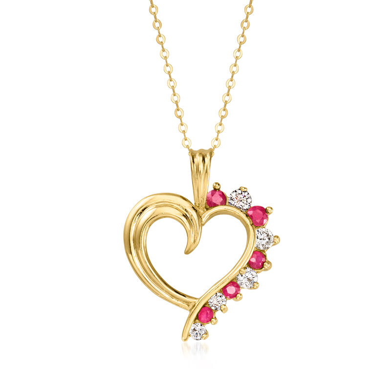C. 1980 Vintage .35 ct. t.w. Ruby and .30 ct. t.w. Diamond Heart Pendant Necklace in 10kt Yellow Gold. 18" image number 0