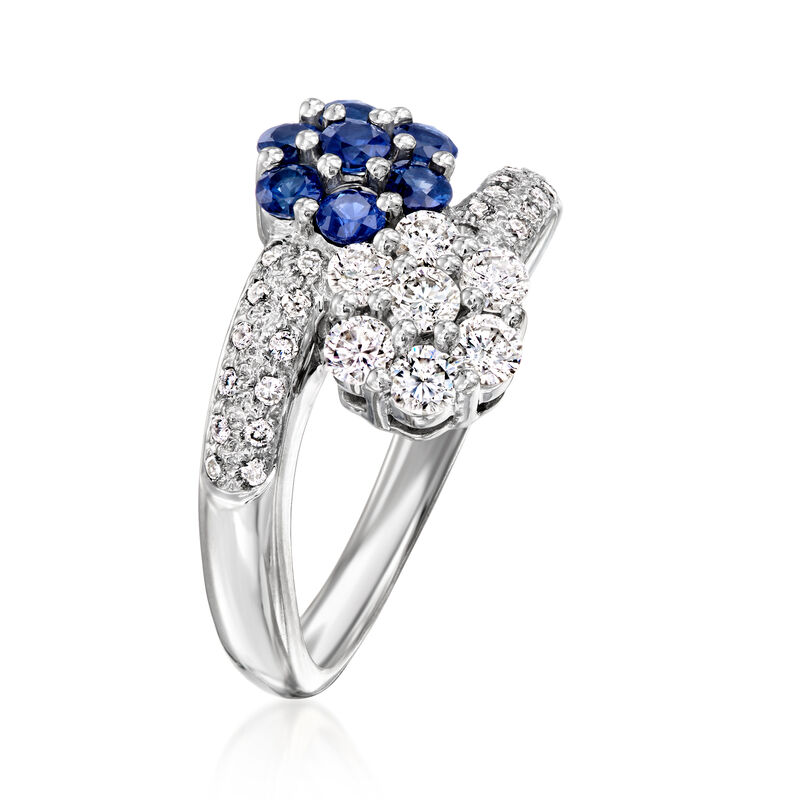 C. 1990 Vintage .60 ct. t.w. Sapphire and .60 ct. t.w. Diamond Flower Bypass Ring in 14kt White Gold. Size 7 image number 2