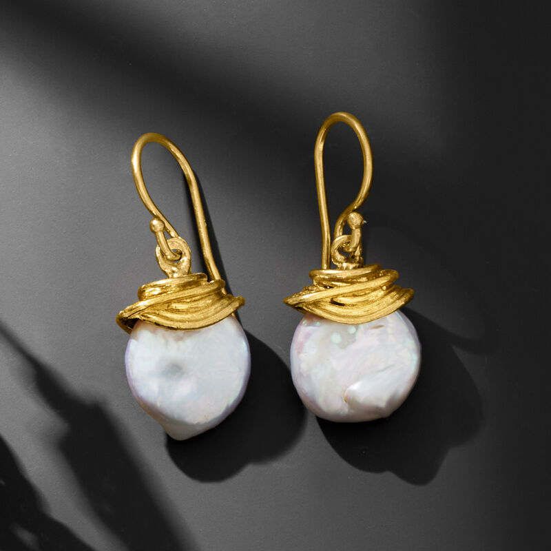 12-13mm Cultured Coin Pearl Drop Earrings in 18kt Gold Over Sterling  image number 3