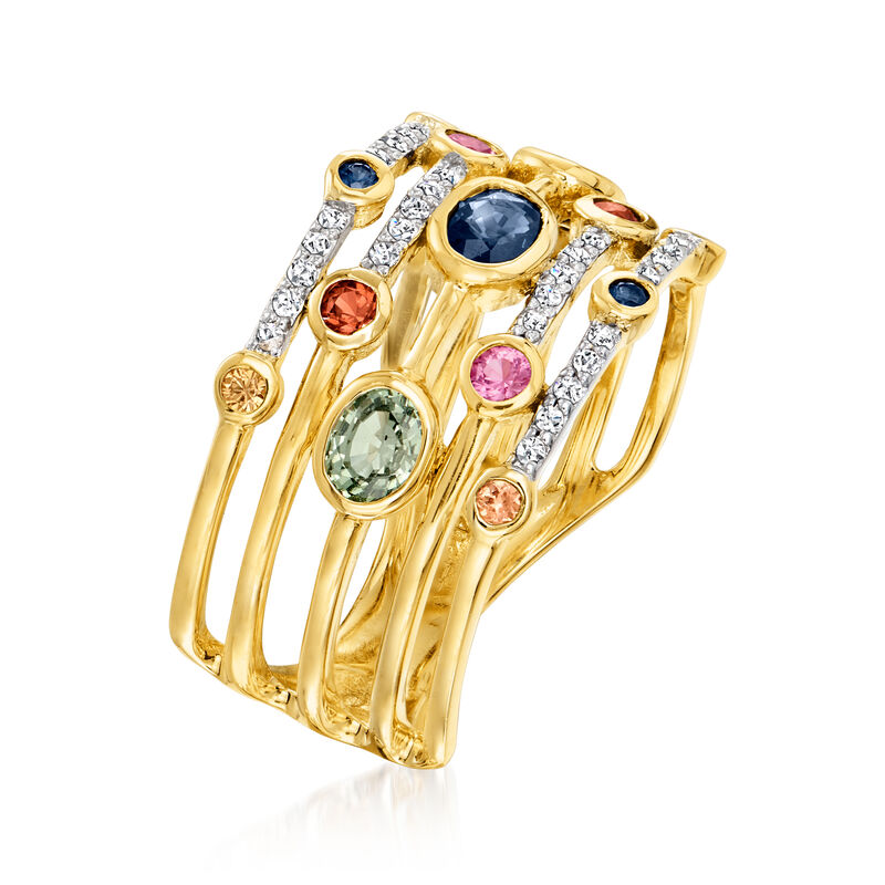 1.10 ct. t.w. Multicolored Sapphire and .12 ct. t.w. Diamond Ring in 14kt Yellow Gold image number 2