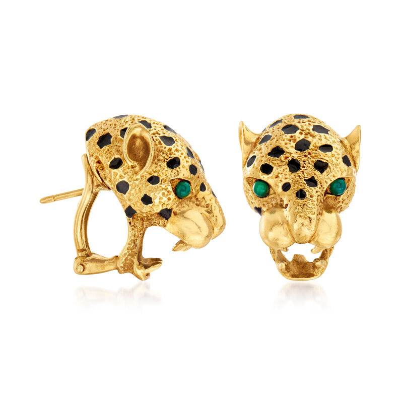 C. 1980 Vintage 18kt Yellow Gold Panther Head Earrings with Green Chalcedony and Black Enamel image number 2