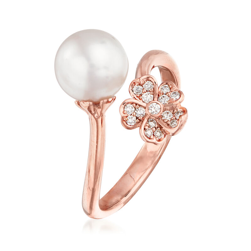 Mikimoto &quot;Cherry Blossom&quot; 8mm A+ Akoya Pearl and .11 ct. t.w. Diamond Bypass Ring in 18kt Rose Gold image number 2