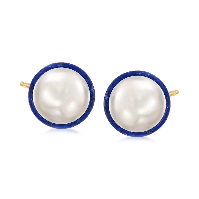 10-10.5mm Cultured Pearl and Lapis Bezel-Set Earrings with 14kt Yellow Gold image number 0