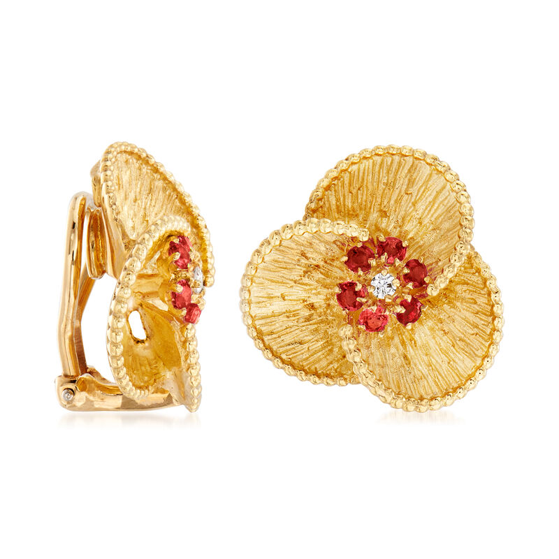 C. 1980 Vintage .75 ct. t.w. Ruby Flower Clip-On Earrings with Diamond Accents in 18kt Yellow Gold image number 2