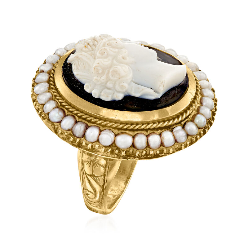 C. 1920 Vintage Black Agate Cameo Ring with Seed Pearls in 14kt Yellow Gold image number 2