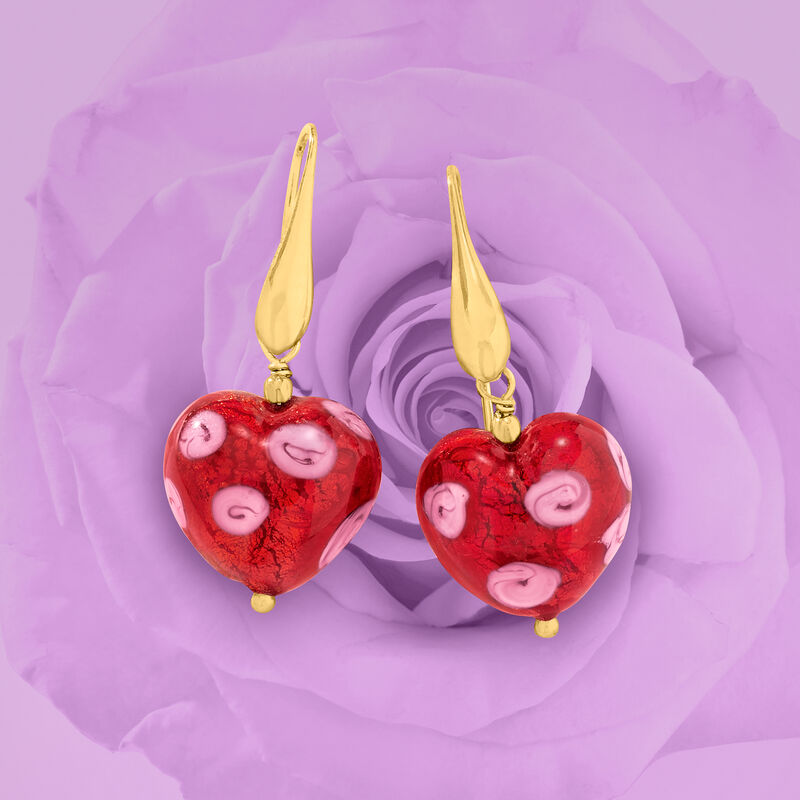Italian Murano Glass Red Heart Drop Earrings in 18kt Gold Over Sterling  image number 2