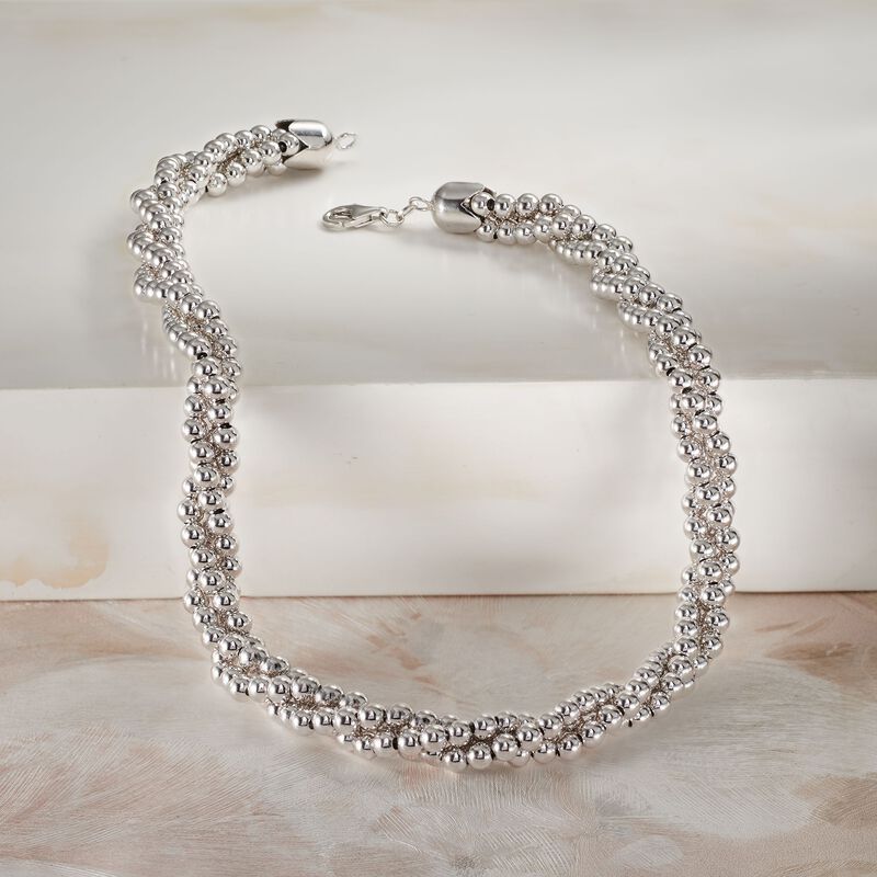 Italian Sterling Silver Twisted Bead Necklace image number 2