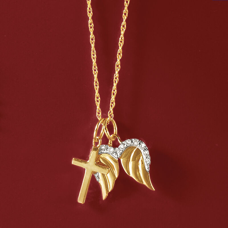 14kt Yellow Gold Cross and Angel Wings Pendant Necklace with Diamonds image number 3