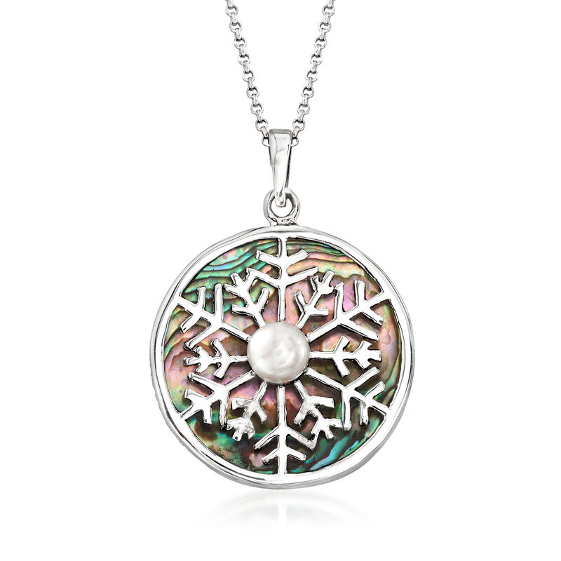 Abalone Shell and 7mm Cultured Pearl Snowflake Pendant Necklace in Sterling Silver. 16&quot; image number 1