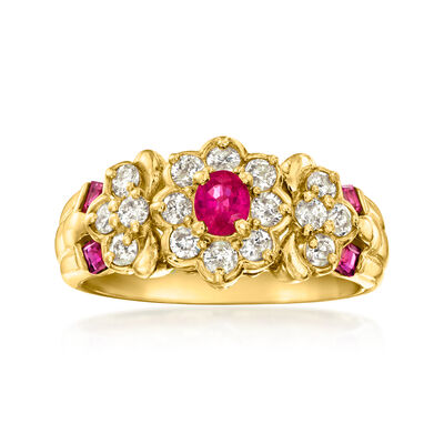 C. 1980 Vintage .50 ct. t.w. Ruby and .48 ct. t.w. Diamond Floral Ring in 18kt Yellow Gold
