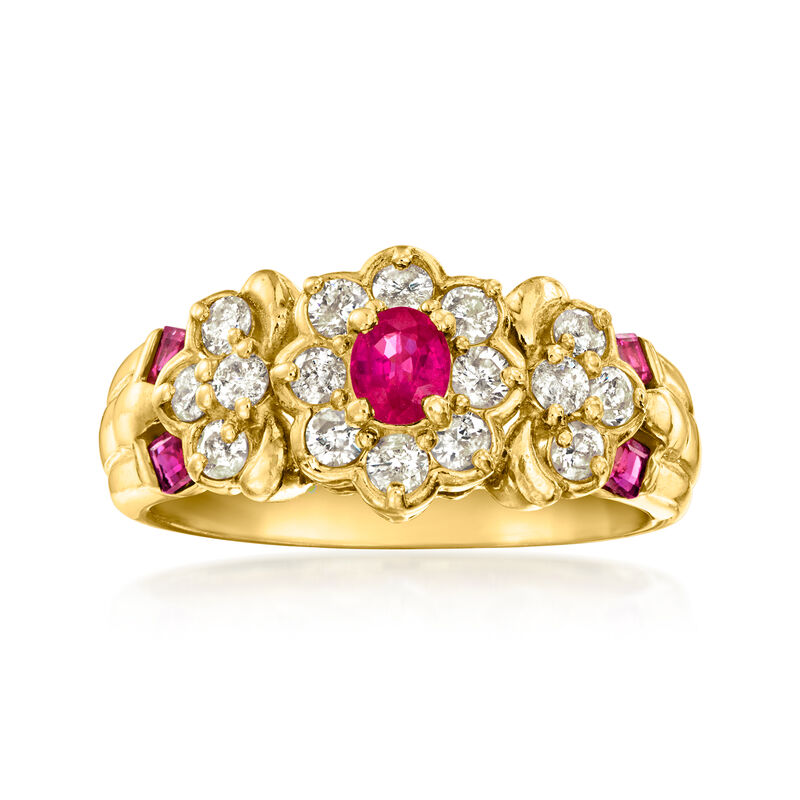 C. 1980 Vintage .50 ct. t.w. Ruby and .48 ct. t.w. Diamond Floral Ring in 18kt Yellow Gold. Size 5.25 image number 0