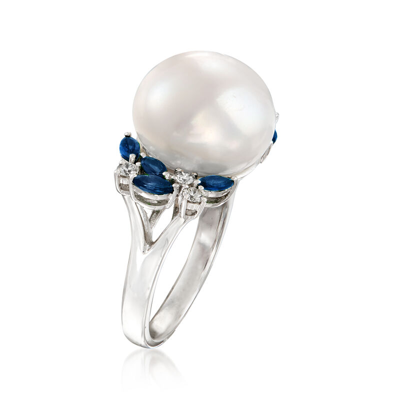 13-13.5mm Cultured Pearl, .70 ct. t.w. Sapphire and .23 ct. t.w. Diamond Ring in 14kt White Gold. Size 7 image number 2