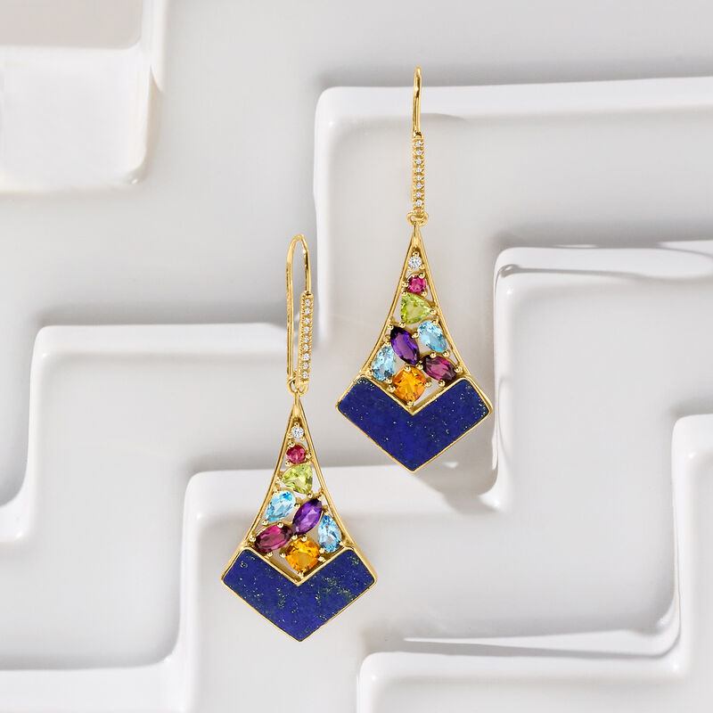 Lapis and 3.50 ct. t.w. Multi-Gemstone Drop Earrings in 18kt Gold Over Sterling image number 2