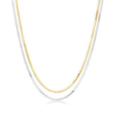 Italian Sterling Silver and 18kt Gold Over Sterling Two-Strand Herringbone Necklace