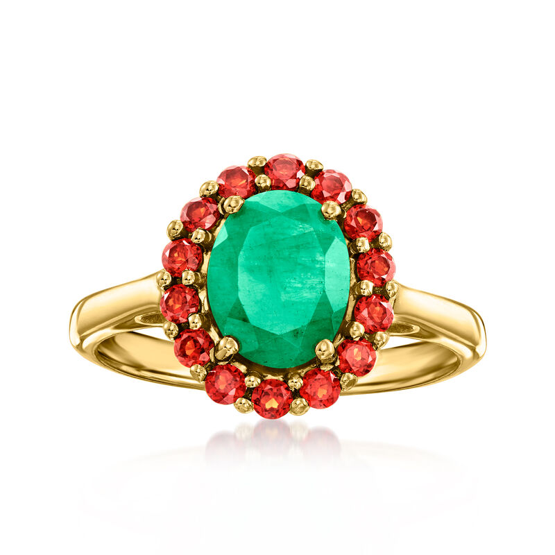 1.70 Carat Emerald and .70 ct. t.w. Garnet Ring in 18kt Gold Over Sterling image number 0