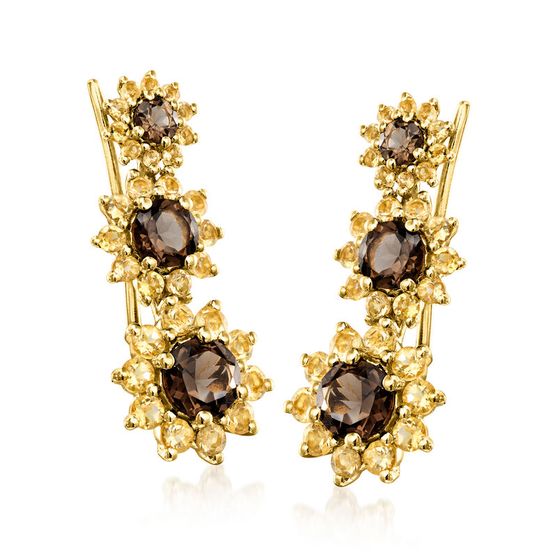 2.20 ct. t.w. Smoky Quartz and 1.90 ct. t.w. Citrine Sunflower Ear Climbers in 18kt Gold Over Sterling image number 0