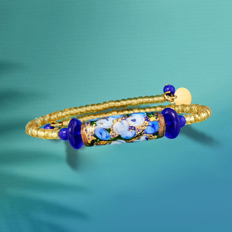 Italian Blue Murano Glass Floral Bead Wrap Bracelet  image number 2