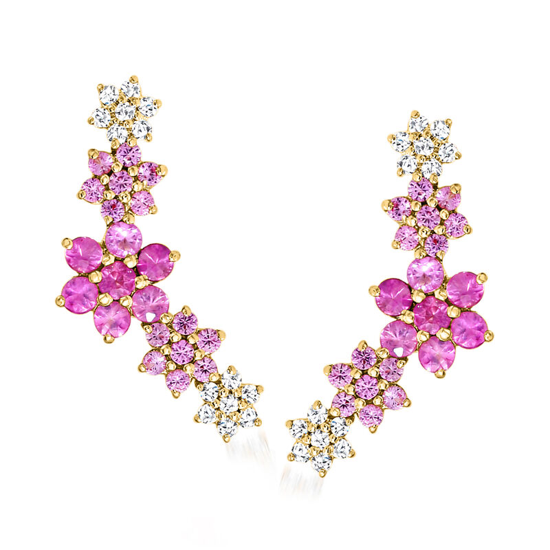.70 ct. t.w. Pink Sapphire and .12 ct. t.w. Diamond Floral Ear Climbers in 14kt Yellow Gold  image number 0